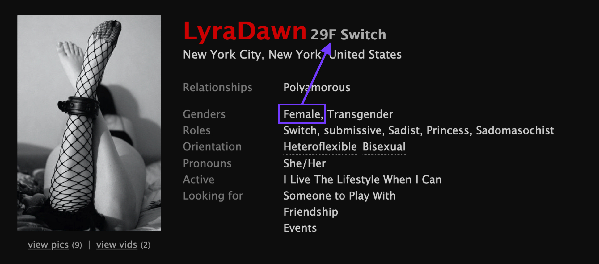 Profile header with Female and Transgender as selected genders
